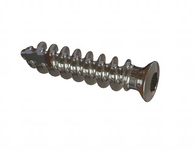 3D CAD render of an acetabular cup screw with threaded body and recessed drive