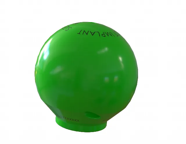 3D CAD render of a green hip head trial component