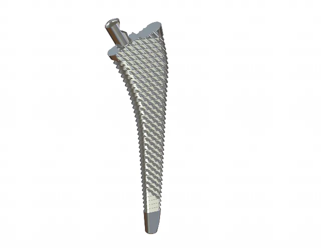 3D CAD render of a tapered hip rasp with cutting-tooth pattern