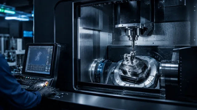 Operator running a 5-axis CNC machining center with an orthopedic part CAD model on screen