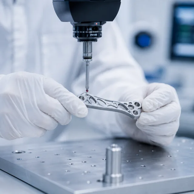 CMM probe performing dimensional inspection on a titanium orthopedic plate held by gloved hands