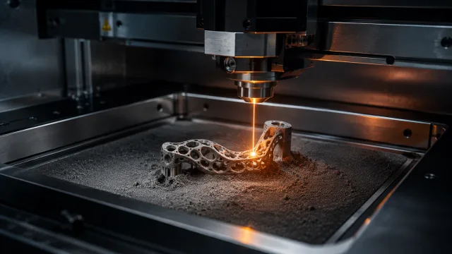 DMLS metal 3D printer laser-sintering a porous titanium lattice implant component