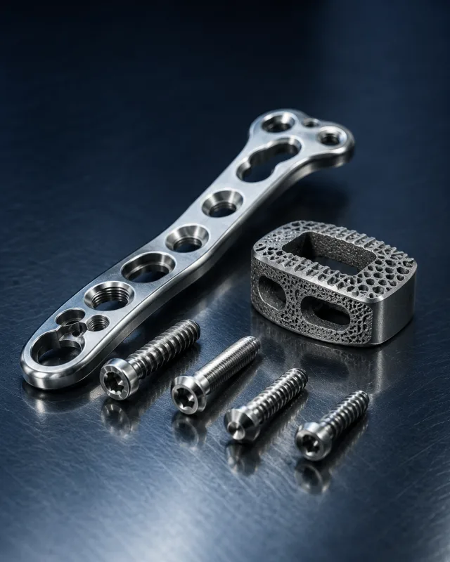 Finished titanium bone plate, bone screws, and a porous 3D-printed implant block on a dark background