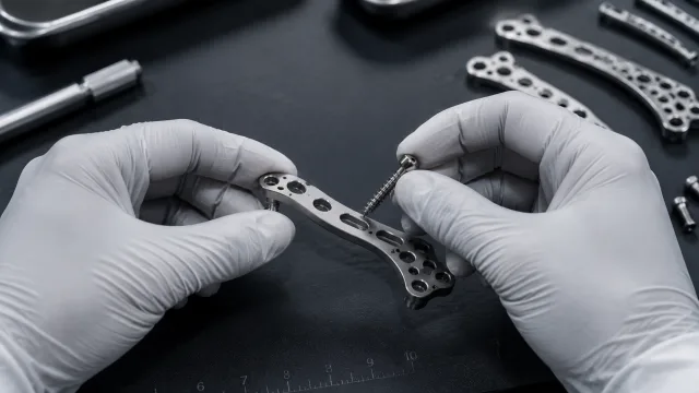 Gloved technician hands assembling a titanium orthopedic bone plate with a bone screw