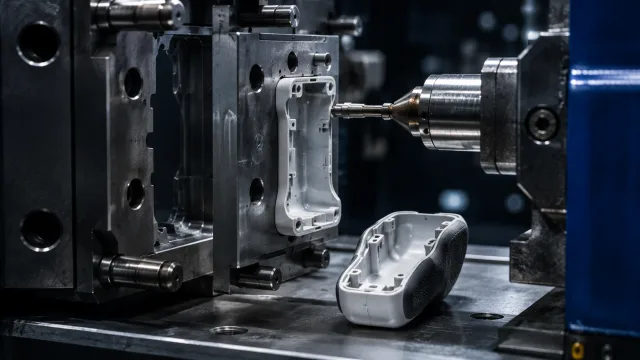 Open injection mold tool holding a molded plastic medical device housing