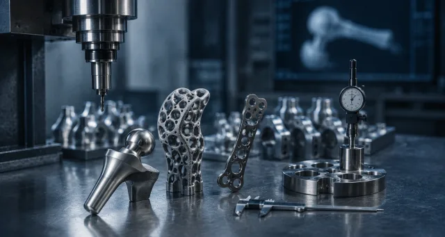 Titanium hip and knee implant components on a CNC machining shop table, with a hip x-ray shown on a monitor in the background