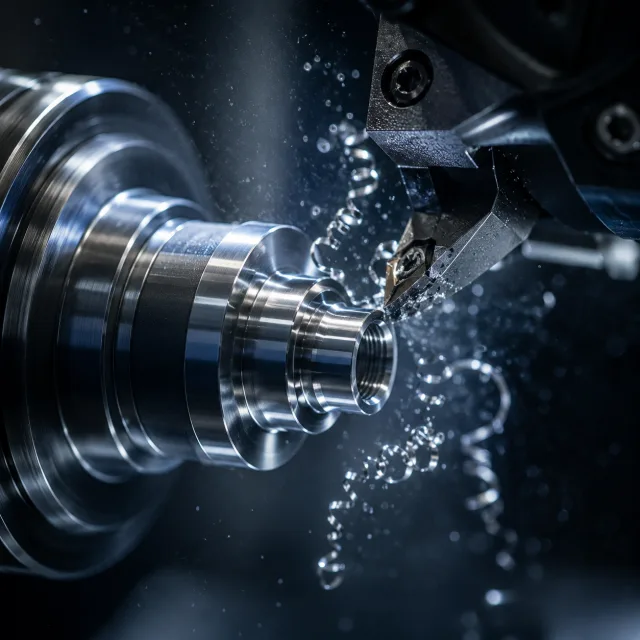 Close-up of a precision CNC lathe turning a titanium medical device component with coolant spray