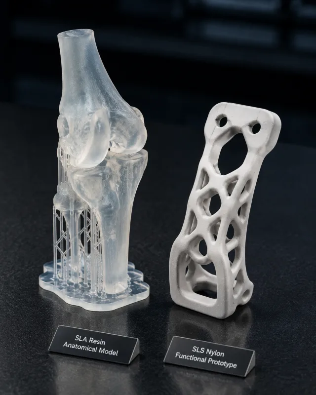 SLA resin anatomical knee model next to an SLS nylon functional prototype part